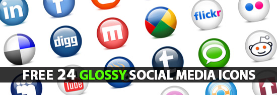 Glossy Social Media Icons:24 Icons Including PSD File