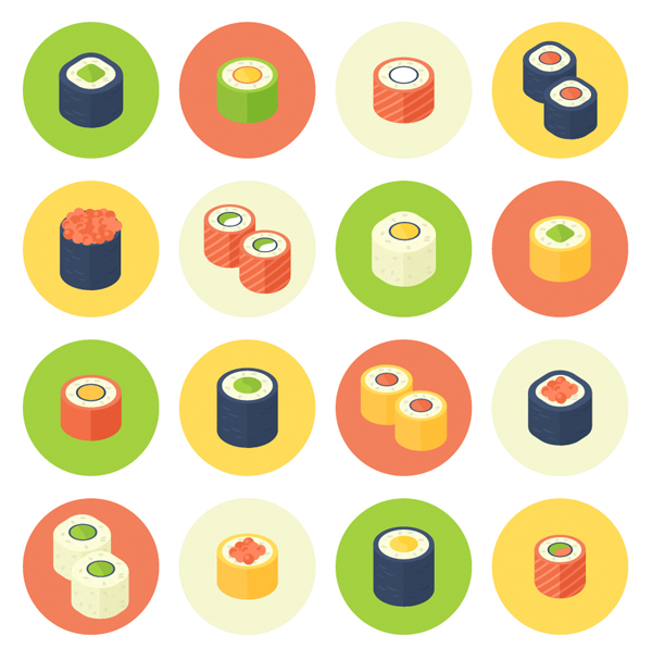 Flat Design Rolled Sushi Icon Set