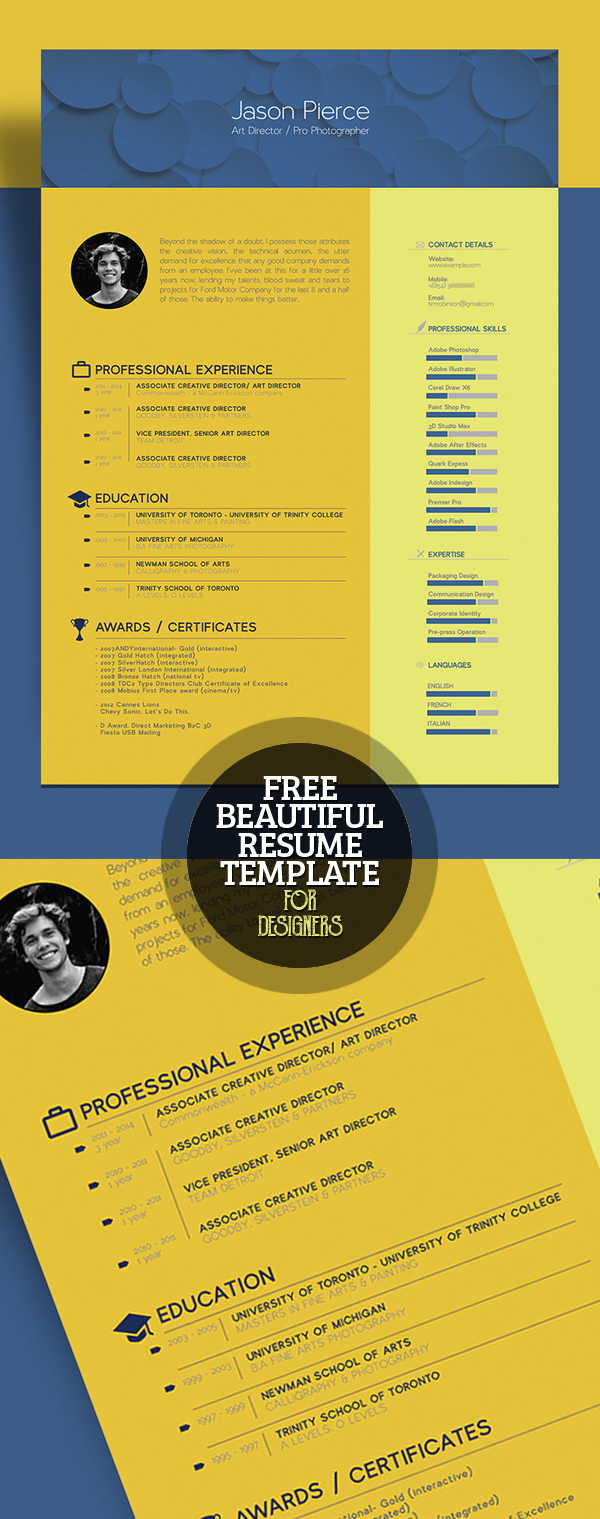 Free Beautiful Resume (CV) Template for Graphic Designer / Art Director