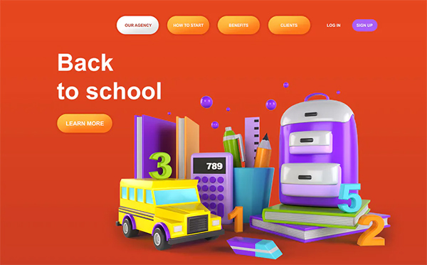 Back to School 3D Illustration Landing Page