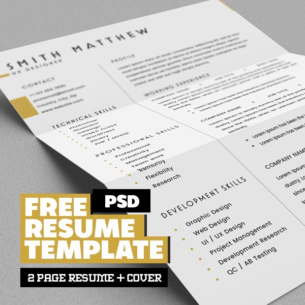 Free 2 Pages CV Resume Template + Cover Letter (PSD)