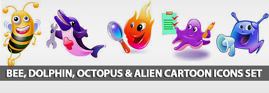 Free Colorful Bee, Dolphin, Octopus & Alien Cartoon Icon Sets