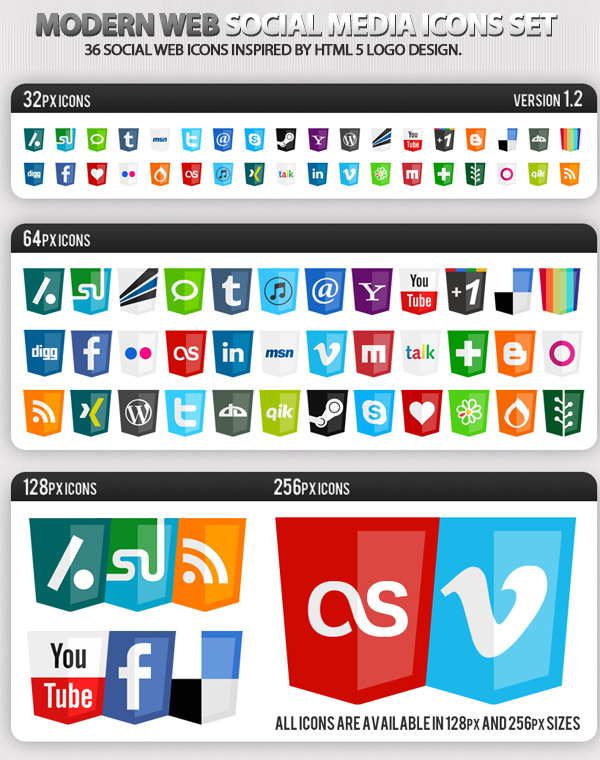 Web Social Icons Set - HTML5 Logo Style