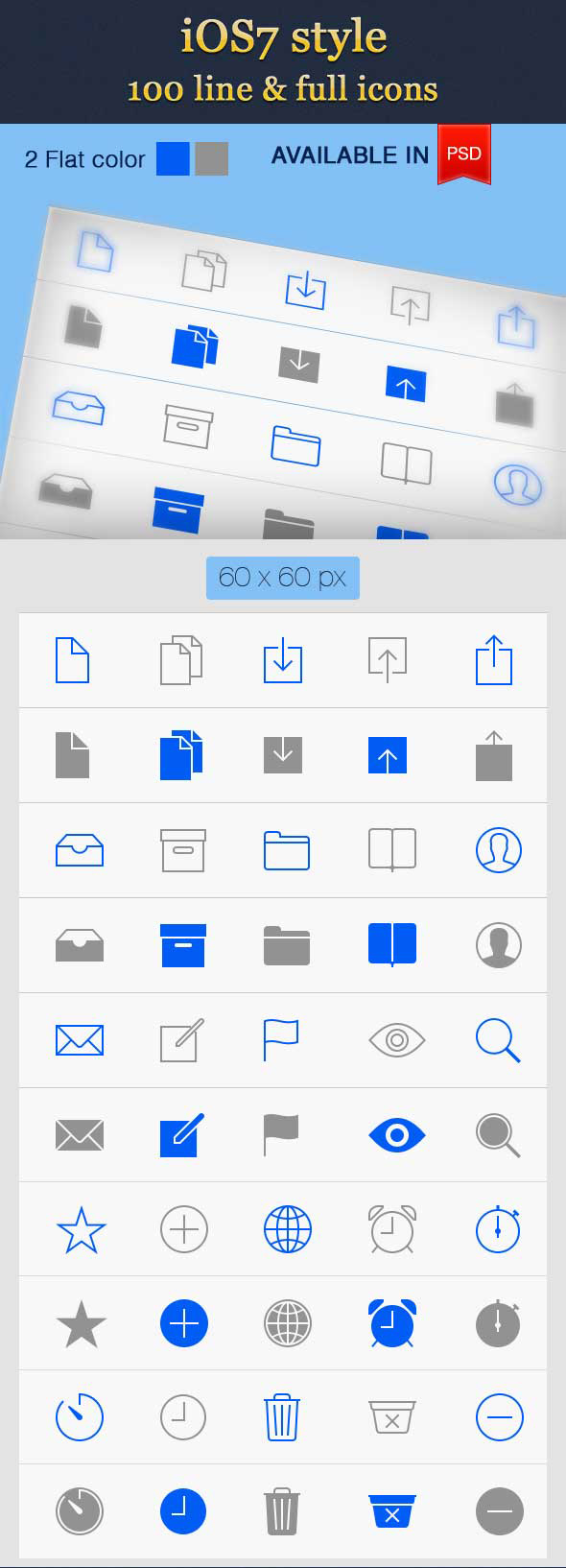 iOS7 Style Line Icons Vector PSD (100 Icons)