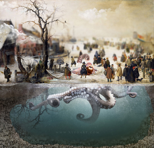Photo Manipulation with Old Oil Painting - Winter Scene on a Canal