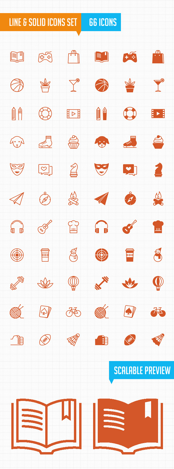 Line & Filled Leisure Activity Icons Set (66 Icons)