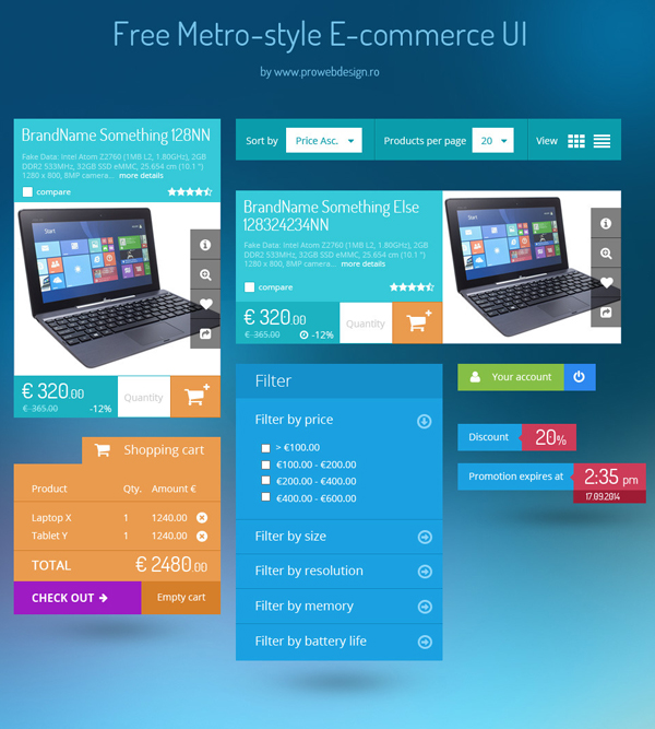 Metro-style e-commerce UI kit PSD