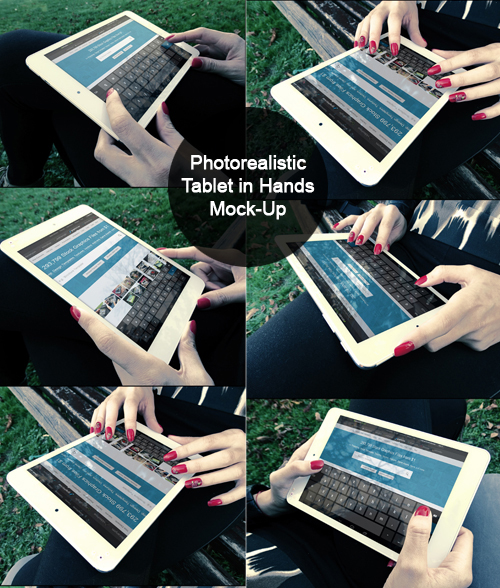 Photorealistic Tablet With Female Hands Mock-Up