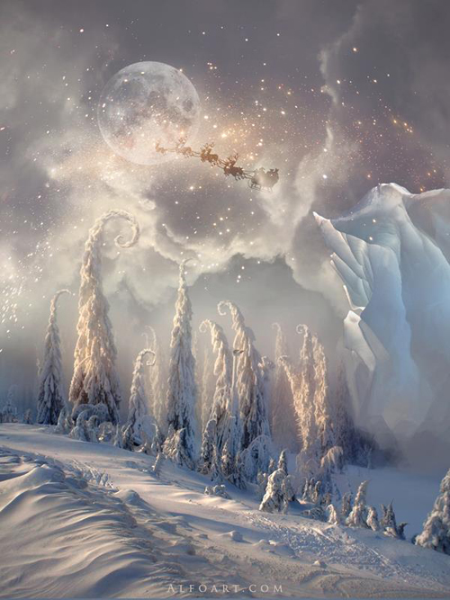 Christmas Night Magic Scene With Flying Santa