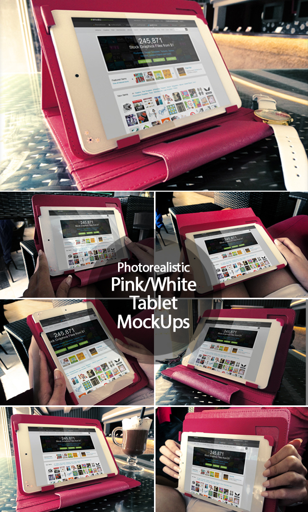  Photorealistic Pink/White Tablet Mock Ups