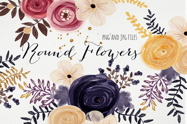 Round flowers – floral handmade clipart