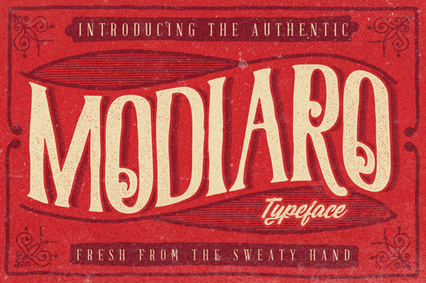 Modiaro Typeface oldstyle handmade swirl in vintage ornamental design