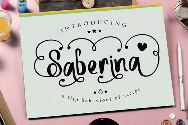 Saberina is handwritten with unusual and standard lettering.