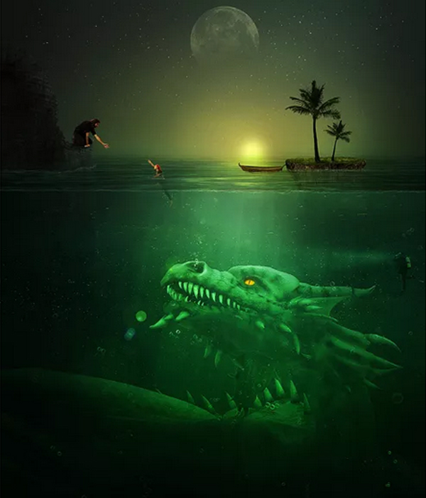 Create A Troublesome Underwater Scene With A Big Green Monster In Photoshop