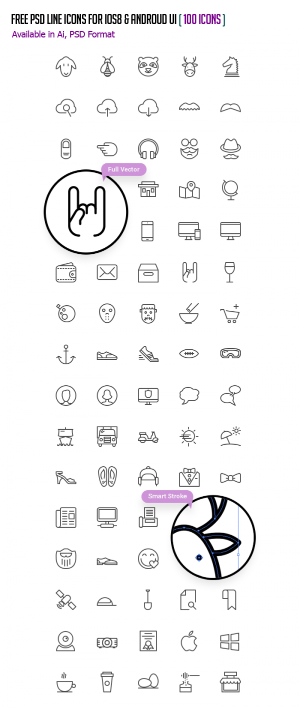 Free PSD Line Icons for iOS8 and Android UI - (100 Icons)