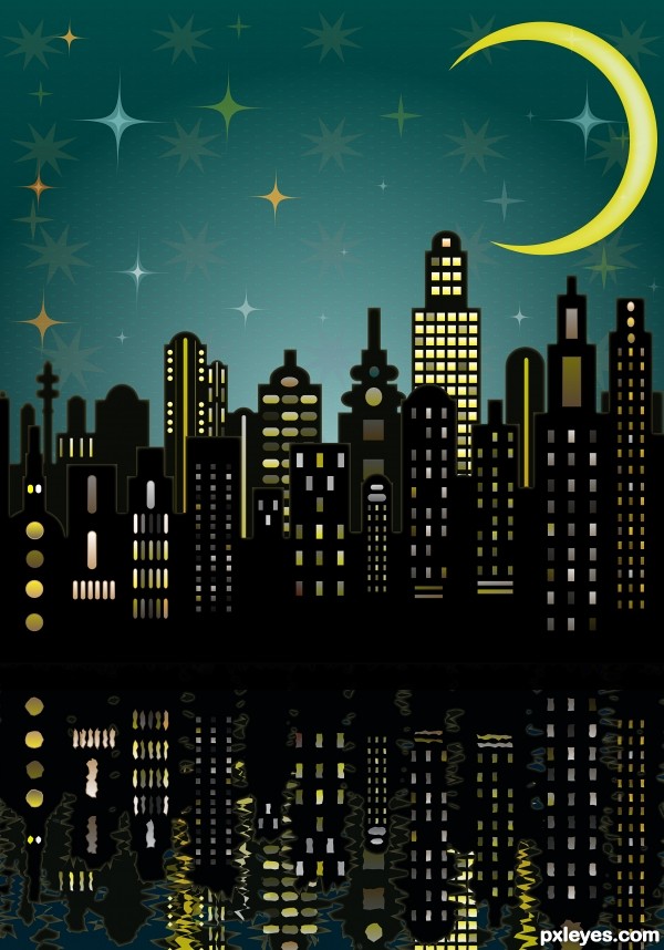Create a Big Night City with Glowing Moon and Rippled Water Reflections in Illustrator Tutorial
