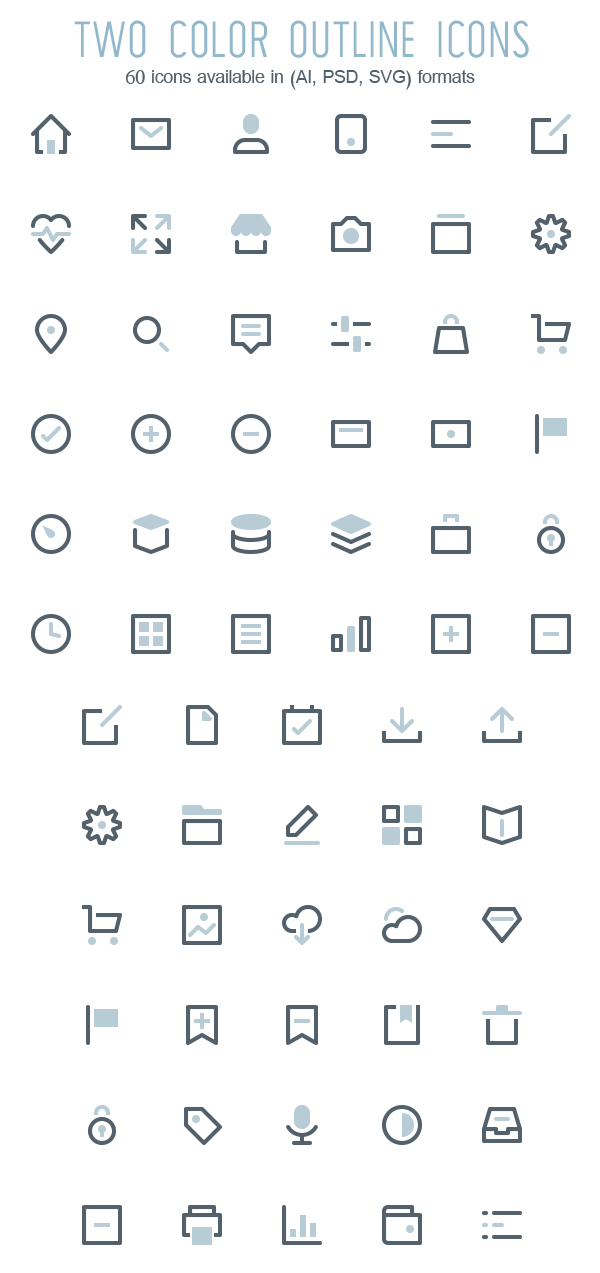 Two Color Outline Icons (AI, PSD, SVG) - 60 Icons
