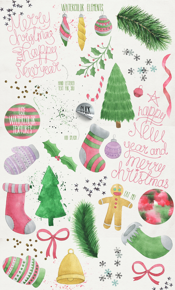 Merry Christmas Fonts and Watercolor Illustrations