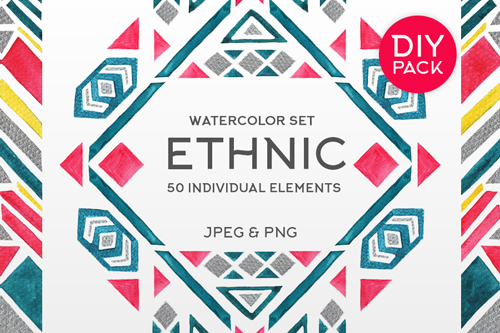 hand drawn watercolor ethnic collection contains 50 individual geometric elements