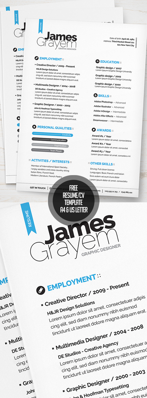 Free Resume / CV Template (A4 & US letter) PSD