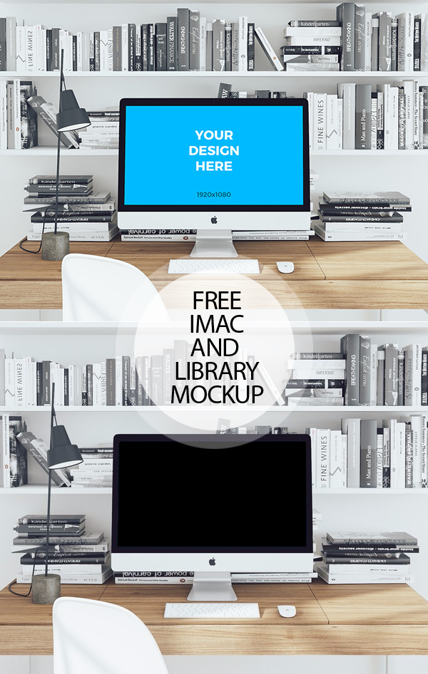 Free iMac on Wooden Ttable and Library with Books