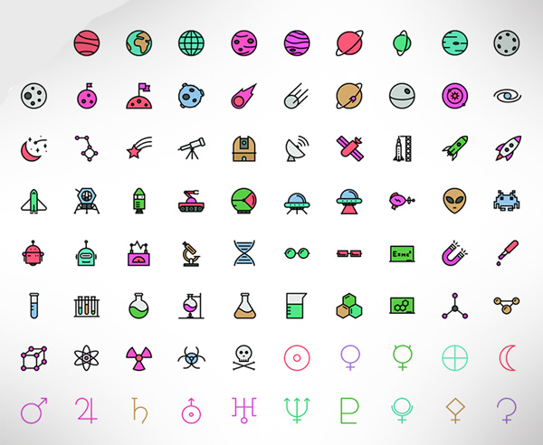 Free Spaces And Science Icons Colored PSD (100 Icons)
