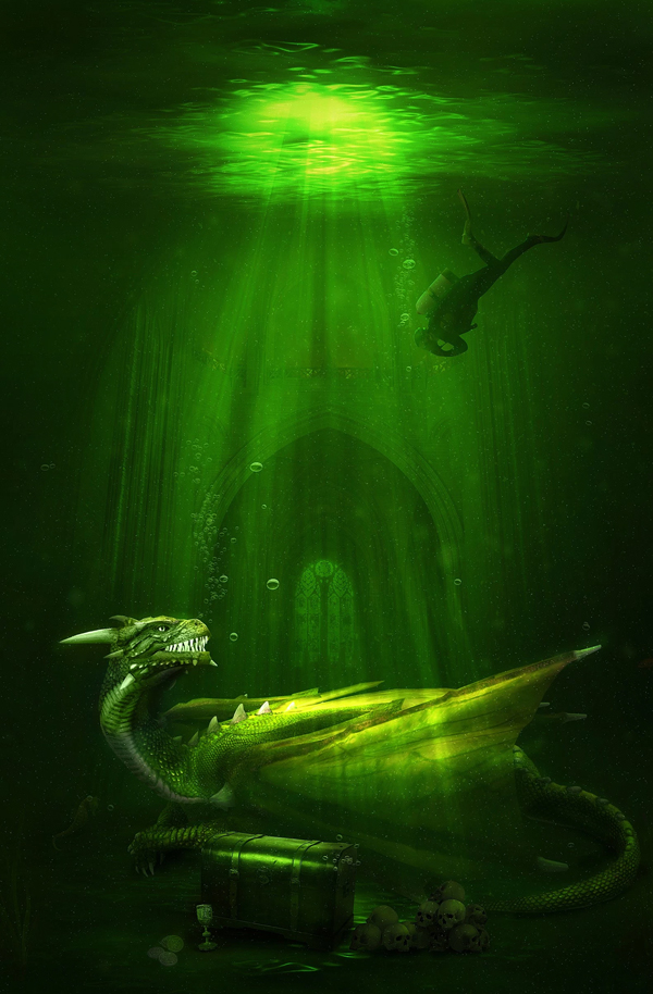 Create an Awesome Underwater Scene Depicting a Dragon and a Treasure Hunter