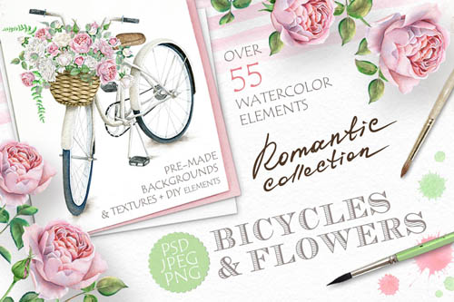 Watercolor Bicycle and Flowers