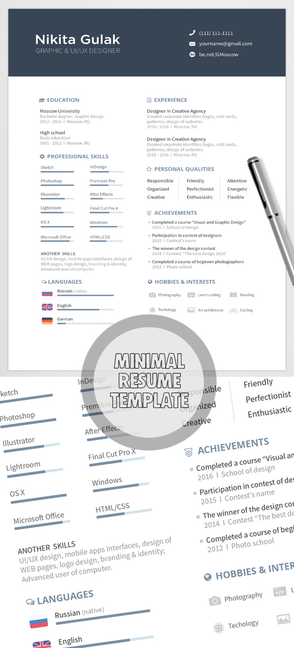 Free Minimalistic CV/Resume Templates with Cover Letter Template - 8