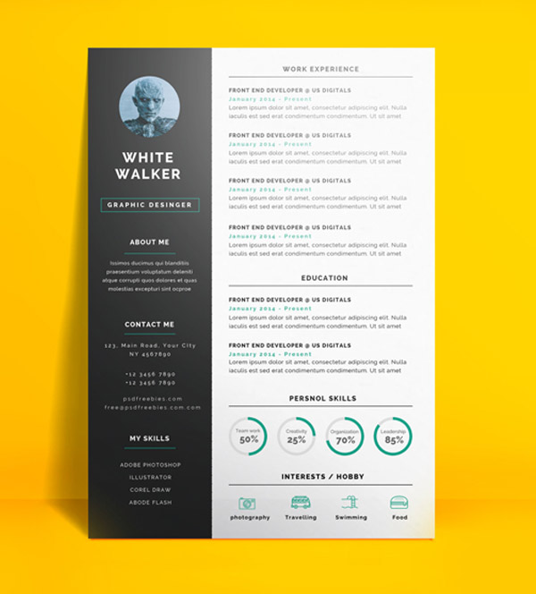 Freebie : Simple and Clean Resume CV Template PSD