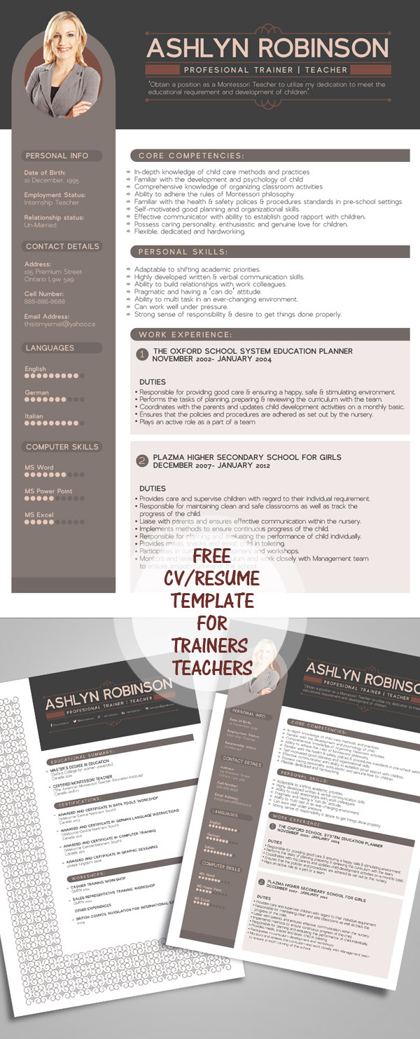 Free Resume - CV Design Template for Trainers & Teachers