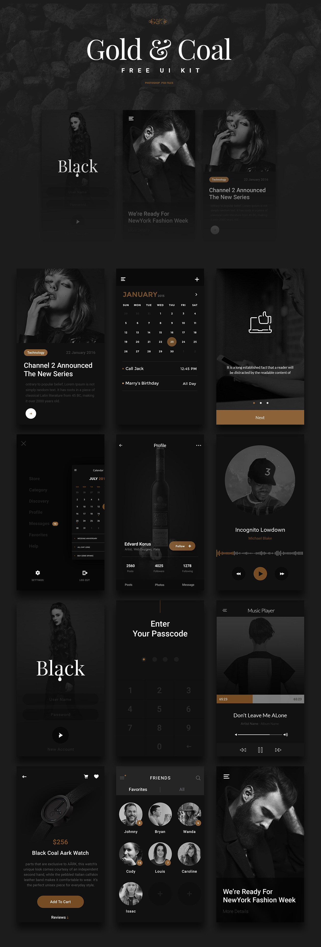 Luxury (Gold & Coal Color) UI Kit - Free Download
