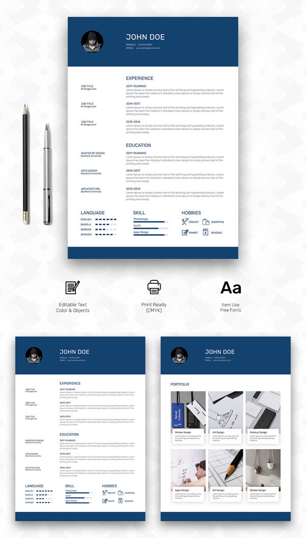 Free Personal Resume Template with Cover & Portfolio Pages