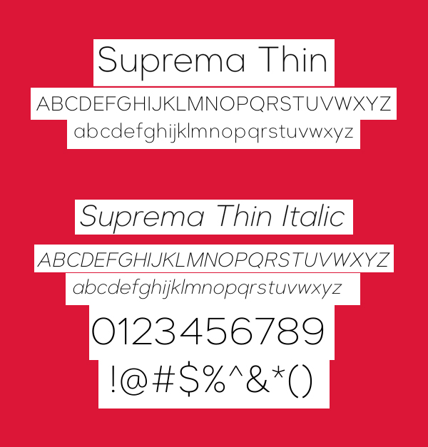 Suprema Thin and Thin Italic  Font Letters