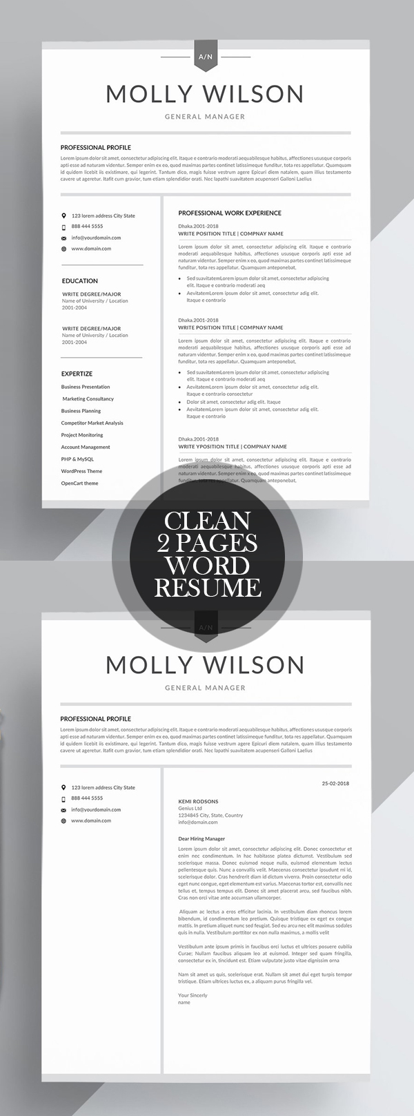 Clean 2 Page Word Resume Template #resumedesign