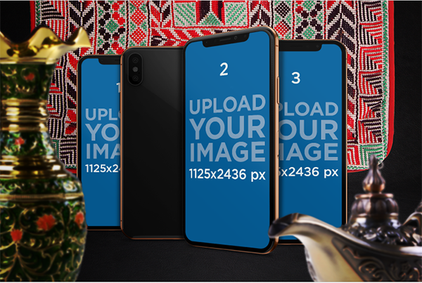 Mockup featuring three iphones x in an arabic inspired setting