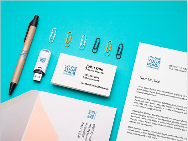 Branding mockup featuring an assortment of stationery items