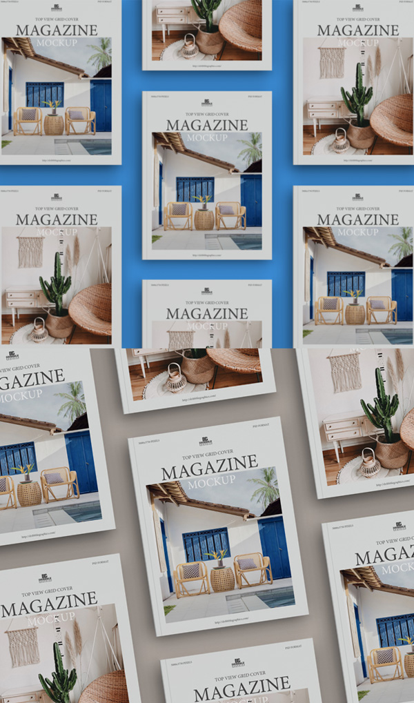 Free Top View Grid Cover Magazine Mockup