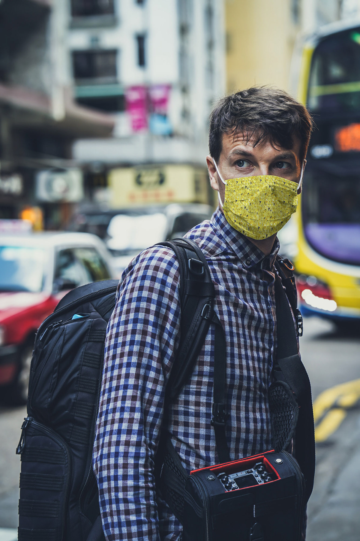 Man in Face Mask in City Free Mockup