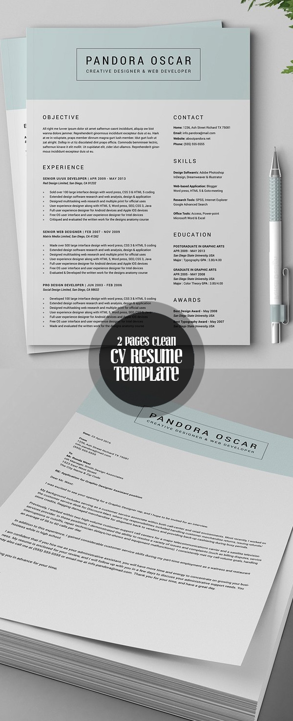 Clean 2 Pages Resume CV Template