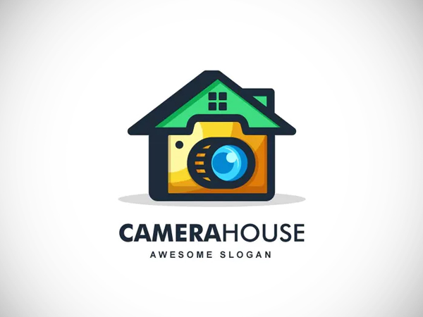 Home and Camera Color Line Art Logo Design