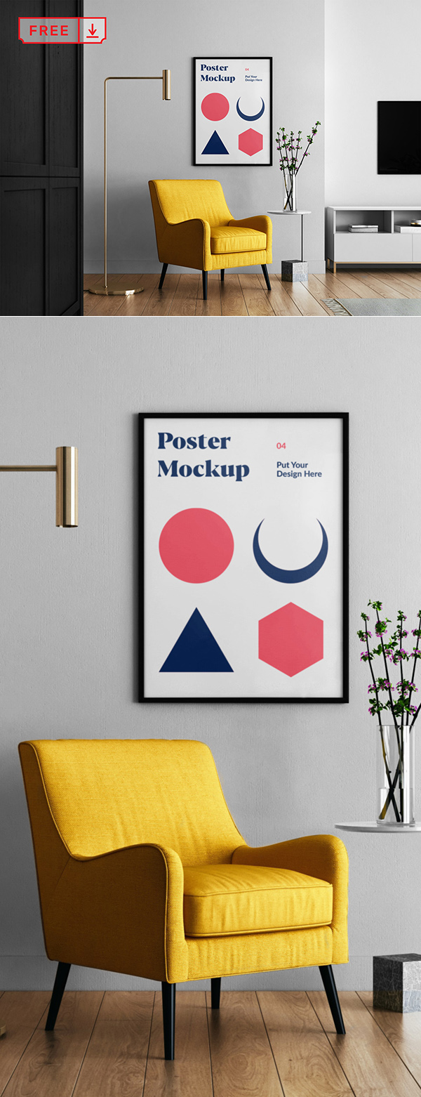 Free Living room with Poster Mockup