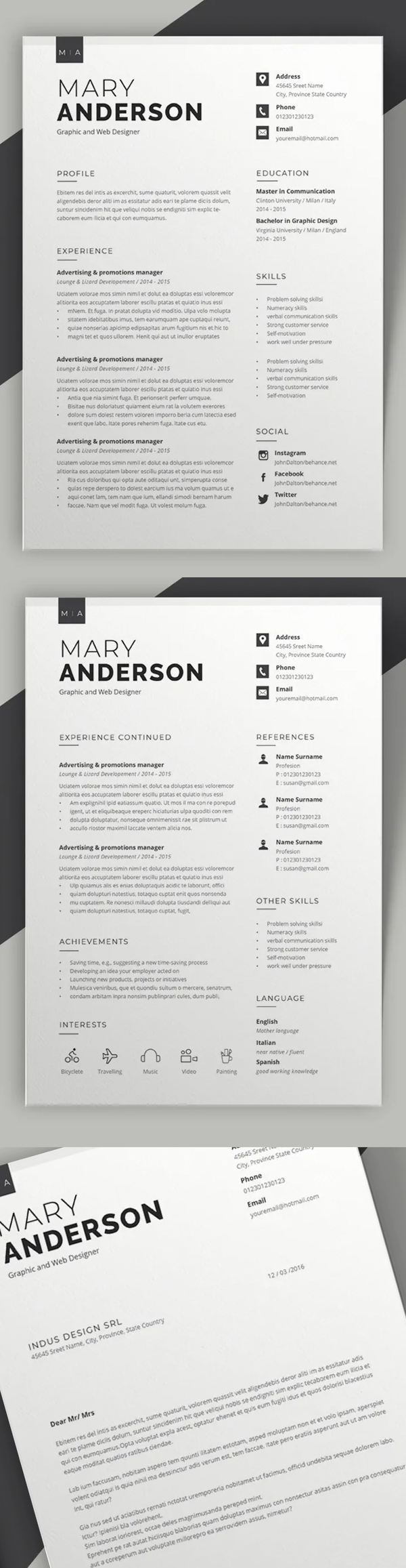Resume 2 pages Resume + Cover Letter Font