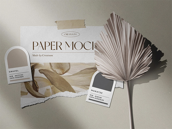 Moodboard Paper Color Pallete Mockup With Dry Palm Branch