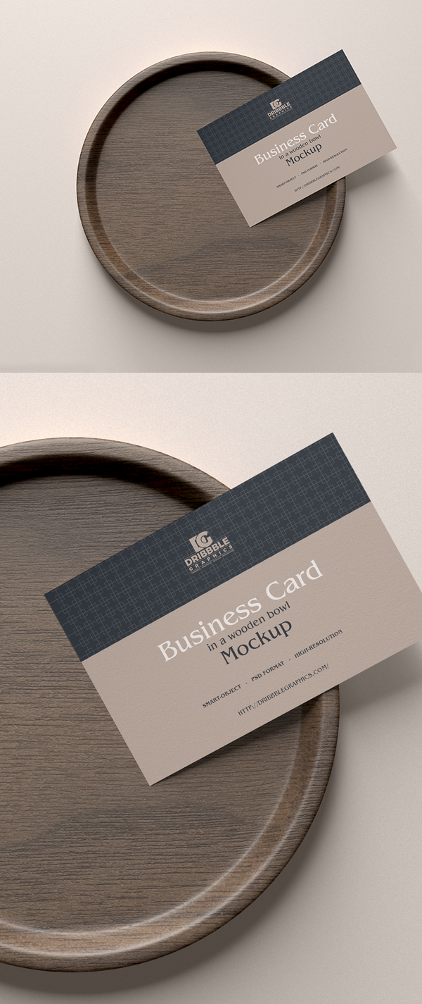 Free Business Card in a Wooden Bowl Mockup