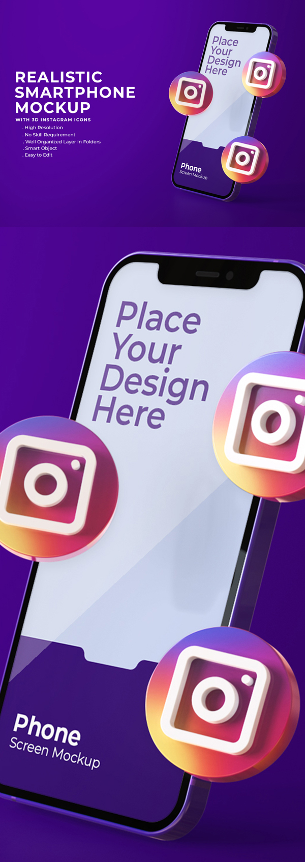 Free 3D Instagram Icons with Mobile Sceen Mockup