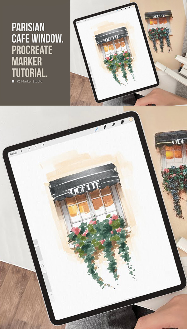 Learn How to Drawing a Parisian Cafe Window With Marker Brushes In Procreate Tutorial