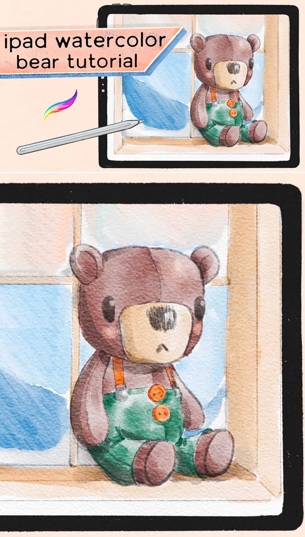 How to Draw and Paint a Cute Bear In Procreate iPad Watercolor Tutorial