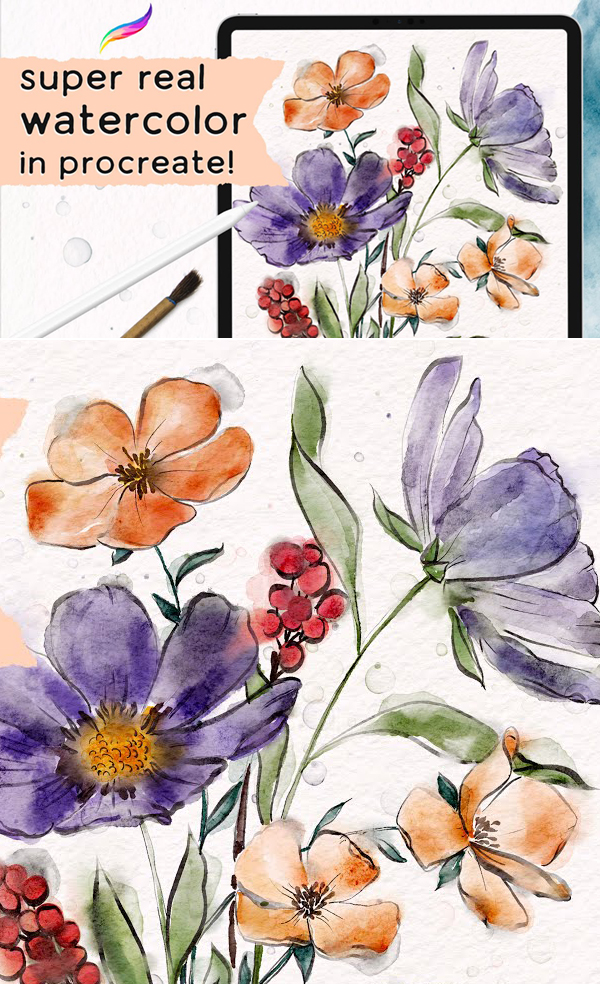 Realistic Watercolor Floral Draw on iPad Ink & Watercolor in Procreate Tutorial