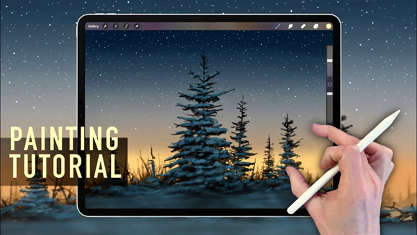 How to Paint Snow Trees at Night Landscape In Procreate Painting Tutorial